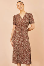 Yumi Brown Spot Midi Dress With Split Hemline