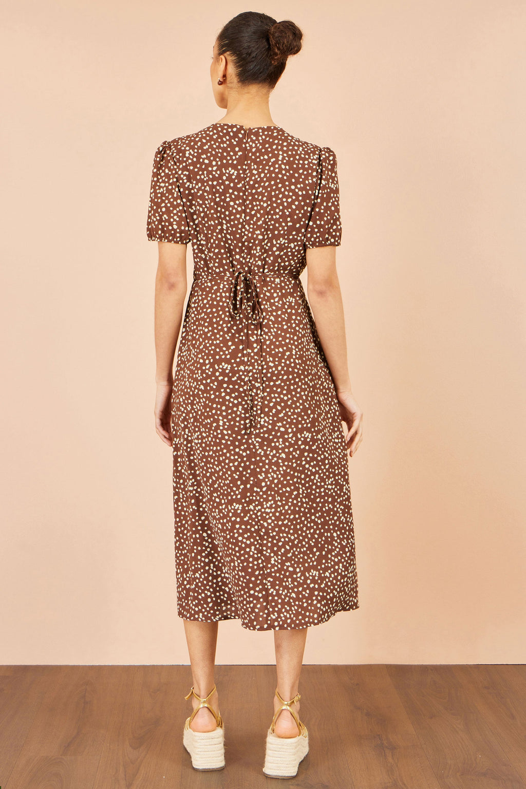 Yumi Brown Spot Midi Dress With Split Hemline