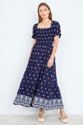 Yumi Navy Border Hemline Smocked Maxi Dress