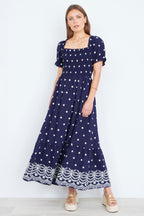 Yumi Navy Border Hemline Smocked Maxi Dress
