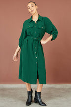 Yumi Green Stretch Midi Shirt Dress