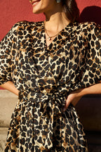 Yumi Brown Leopard Midi Wrap Dress With Kimono Sleeves