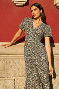 Yumi Brown Leopard Print Pleated Button Through Midi Dress