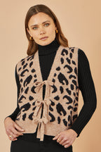 Yumi Beige Animal Print Intarsia Tie Front Waistcoat