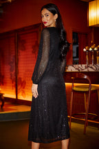 Yumi Black Sequin Long Sleeve Midi Dress