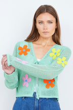 Yumi Mint Tie Front Cardigan With Flower Design