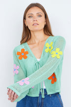 Yumi Mint Tie Front Cardigan With Flower Design