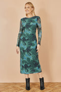 Yumi Green Floral Mesh Bodycon Dress With Tie Back