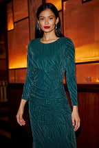 Yumi Green Mesh Fitted Ruched Midi Dress With Long Sleeves