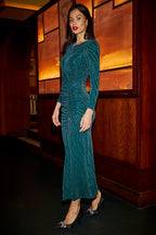 Yumi Green Mesh Fitted Ruched Midi Dress With Long Sleeves