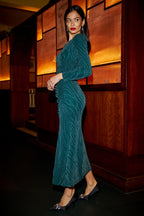 Yumi Green Mesh Fitted Ruched Midi Dress With Long Sleeves