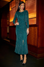 Yumi Green Mesh Fitted Ruched Midi Dress With Long Sleeves