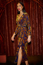 Yumi Navy Velour Stretch Midi Dress With Long Sleeves