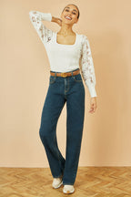 Yumi White Ribbed Knitted Top With Lace Sleeves