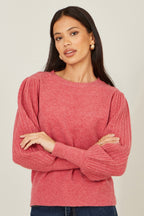 Yumi Pink Knitted Balloon Sleeve Jumper