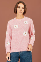Yumi Pink Relaxed Jumper With Crochet Flowers