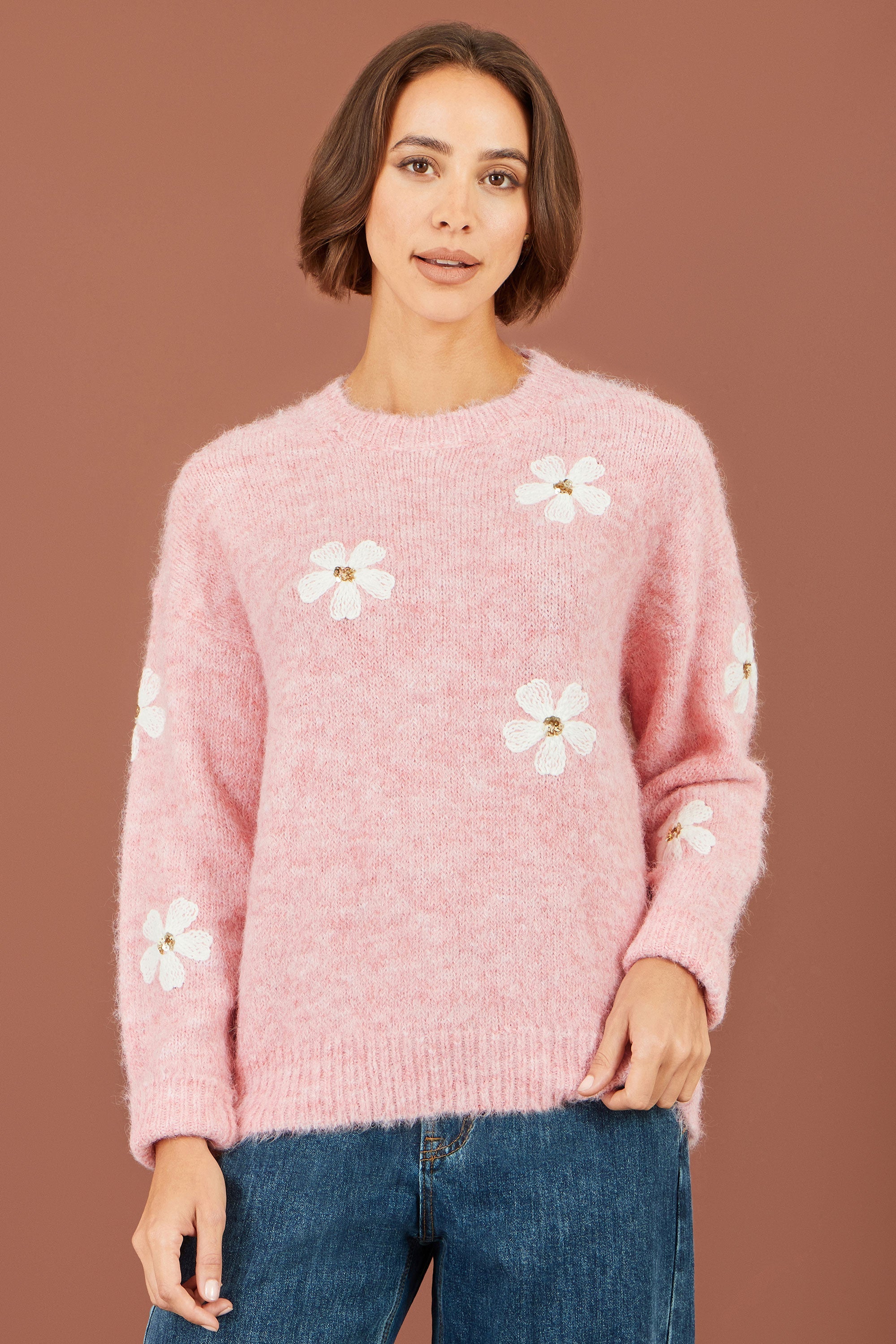 Yumi Pink Relaxed Jumper With Crochet Flowers