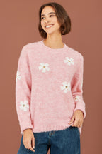 Yumi Pink Relaxed Jumper With Crochet Flowers