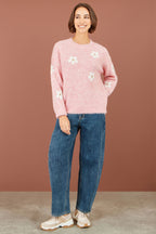 Yumi Pink Relaxed Jumper With Crochet Flowers