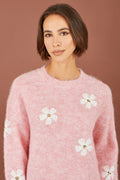 Yumi Pink Relaxed Jumper With Crochet Flowers