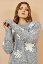 Yumi Grey Relaxed Jumper With Crochet Flowers