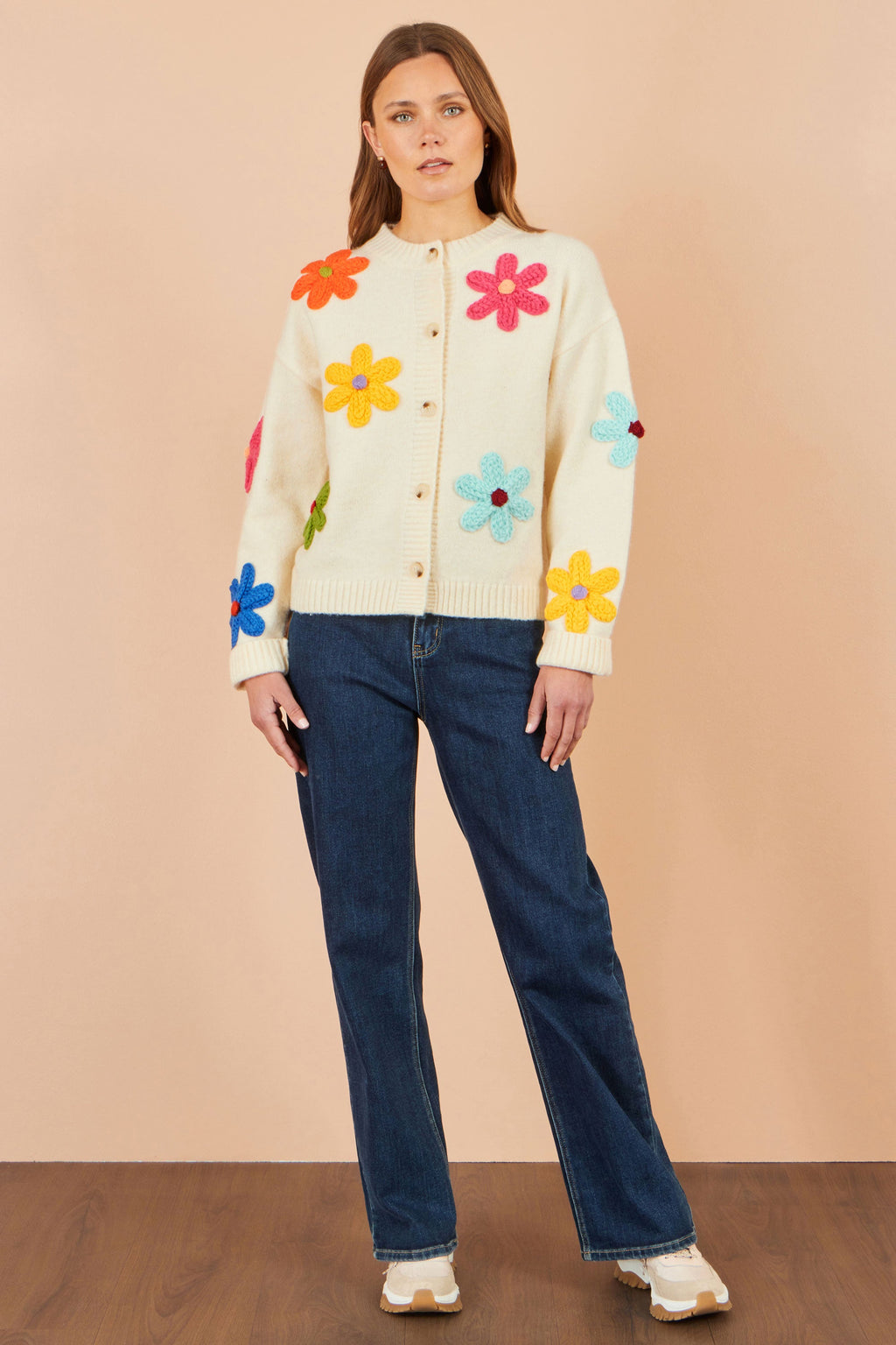 Yumi Ivory Knitted Flower Applique Cardigan