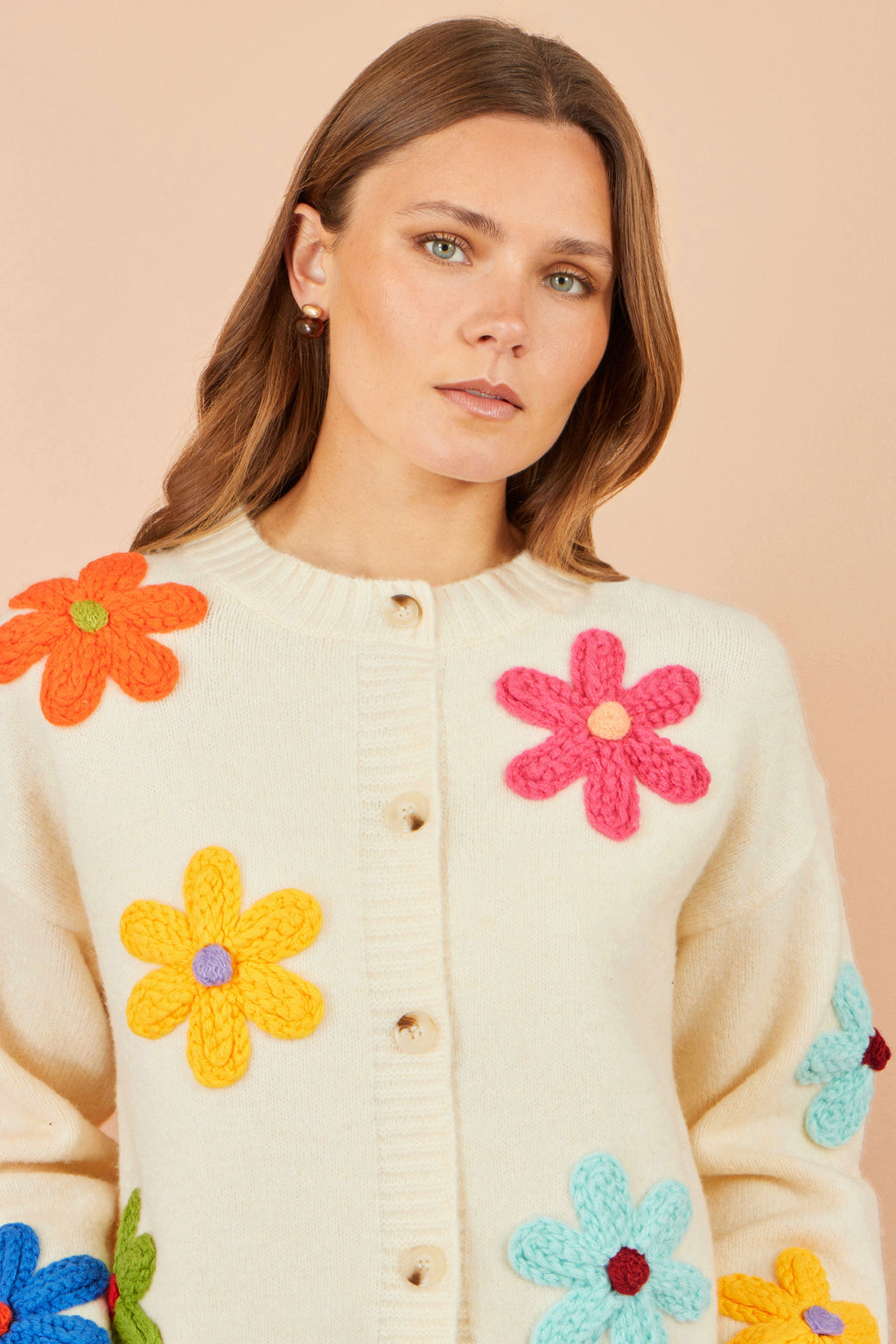 Yumi Ivory Knitted Flower Applique Cardigan