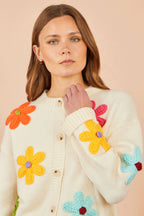 Yumi Ivory Knitted Flower Applique Cardigan