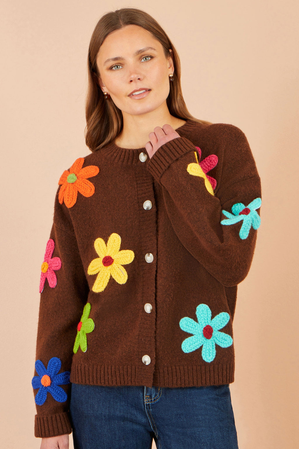 Yumi Brown Knitted Flower Applique Cardigan