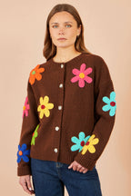 Yumi Brown Knitted Flower Applique Cardigan