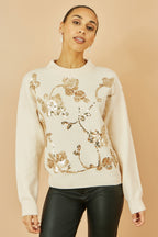 Yumi Cream Relaxed Knitted Jumper With Sequin Detail