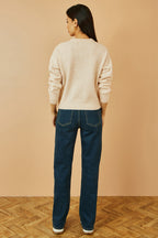 Yumi Oatmeal Relaxed Knitted Jumper With Scattered Sequin Neckline