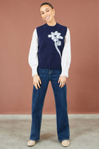 Yumi Navy Knitted Flower Sleeveless Jumper Vest