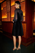 Yumi Black Velvet Pussy bow Sheer Sleeves Skater Dress