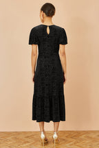 Yumi Black Floral Velour Velvet Twist Waist Midi Dress