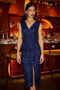 Yumi Navy Sequin Fitted Wrap Dress With Split Hem