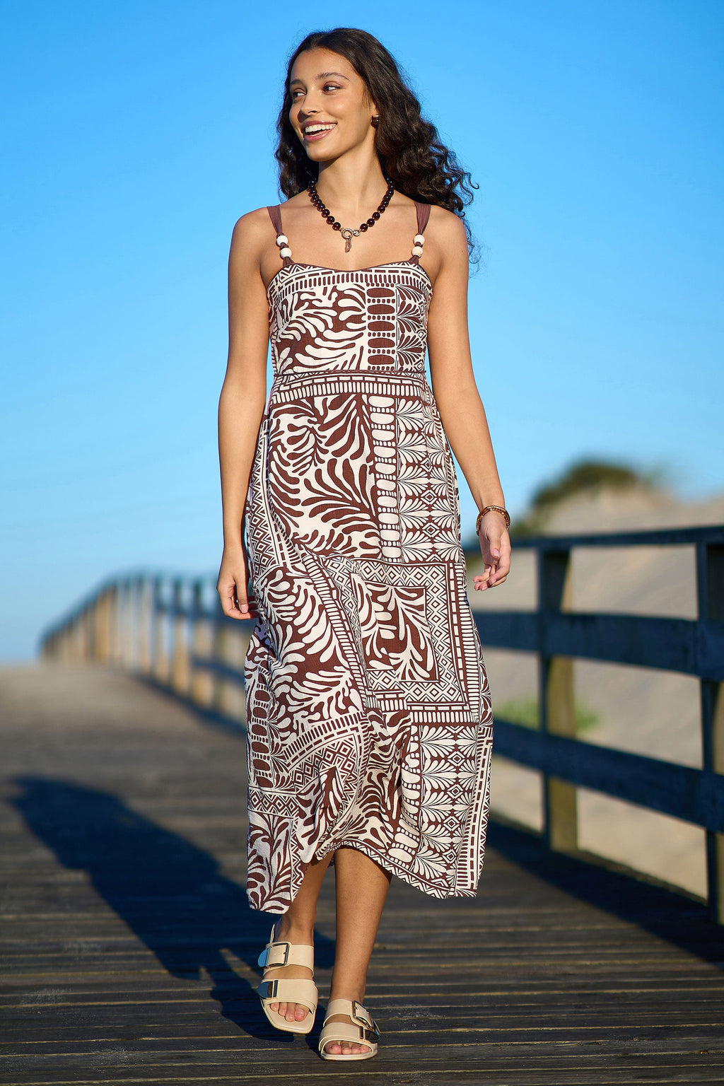 Yumi Brown Tile Print Maxi Dress With Bead Details
