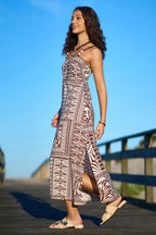 Yumi Brown Tile Print Maxi Dress With Bead Details