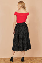Yumi Black Mesh Applique Sequin Midi Skirt