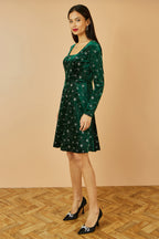 Yumi Green Starburst Foil Print Long Sleeve Skater Dress