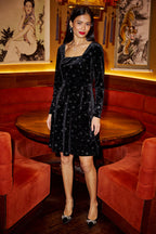 Yumi Black Starburst Foil Print Long Sleeve Skater Dress