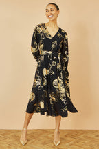 Yumi Black Foil Rose Print Midi Dress