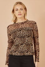 Yumi Brown Leopard Print Mesh Stretch Fitted Top