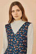 Yumi Navy Fox Long Sleeve Layered Tunic Dress With Front Pocket