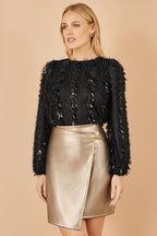 Yumi Black Hanging Sequin Long Sleeve Top