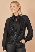 Yumi Black Sequin Pussy Bow Top