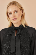 Yumi Black Sequin Pussy Bow Top