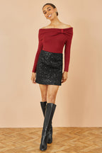 Yumi Burgundy Sparkle Bardot Jumper With Diamante Detail