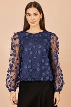 Yumi Navy Sheer Sleeve Applique Flower Top