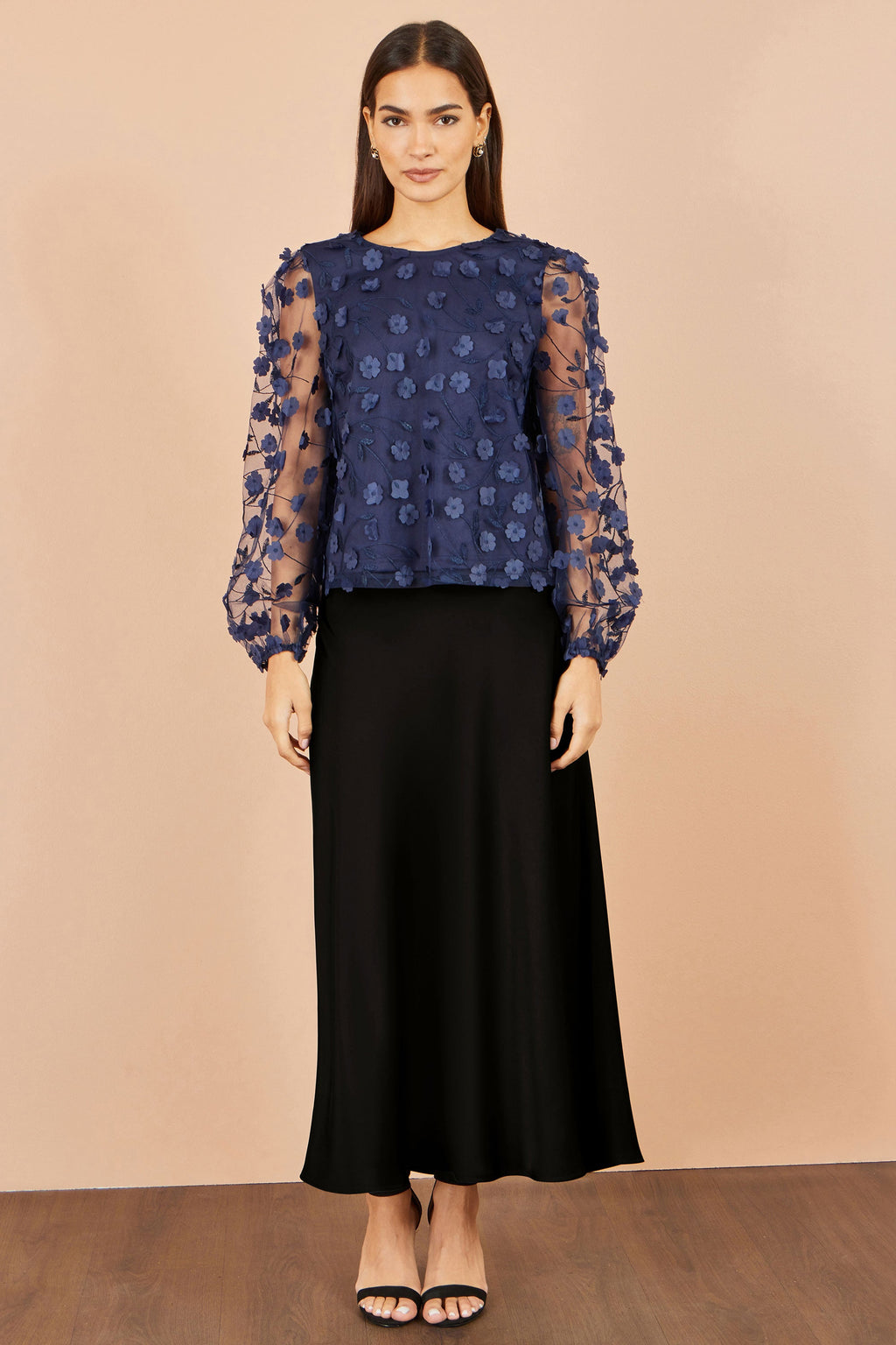 Yumi Navy Sheer Sleeve Applique Flower Top